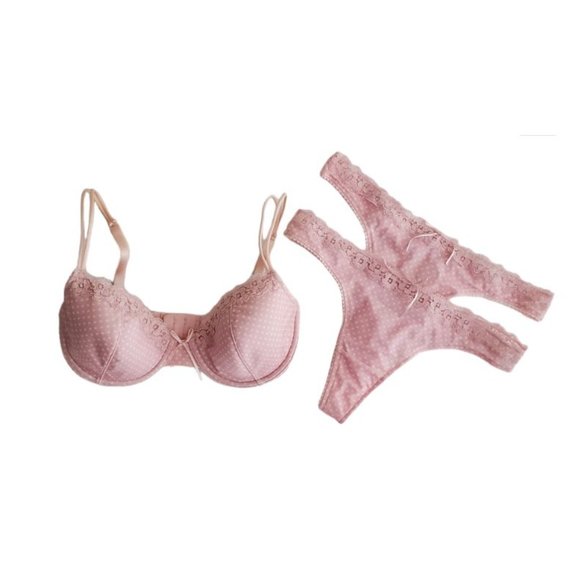 Pink Polka Dot 3 Piece Lace Trim Bra & Thong Bundle | Like New | 32D, Small - Picture 9 of 13